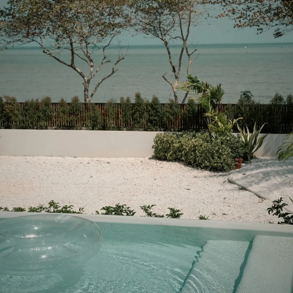 Poolside terrace in Cool White at Lunaya Villa.