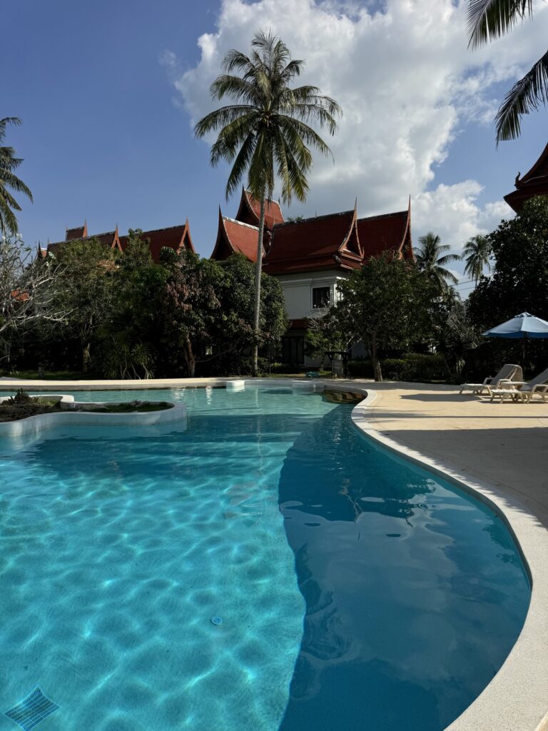 Curved Cool Blue pool beside the Polar White terrace, with palm trees and villa roofs beyond.