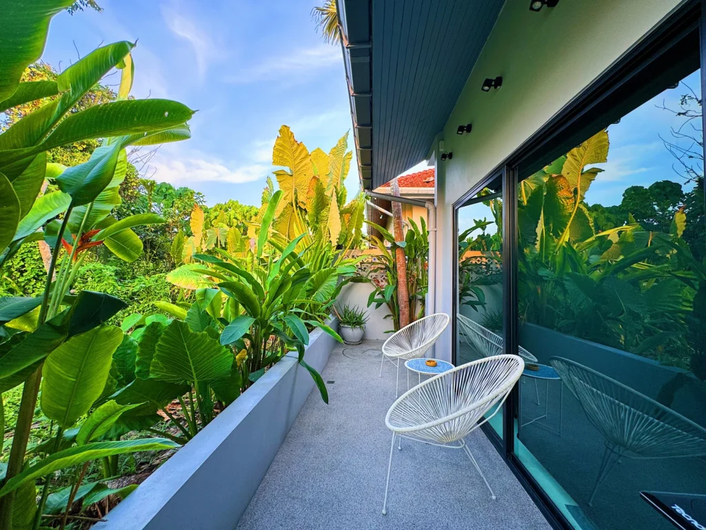 Planted terrace with custom PebbleGlass at a private villa in Phuket