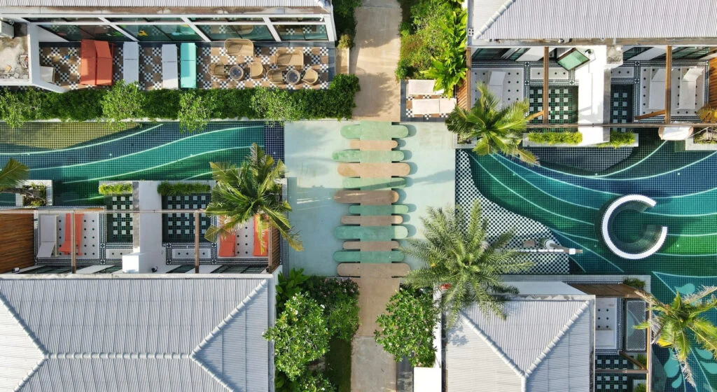 Overhead view of Beach Ice and Greenland Ice PebbleCrete stepping platforms between resort villas at Sugar Marina Lagoon, Phuket.