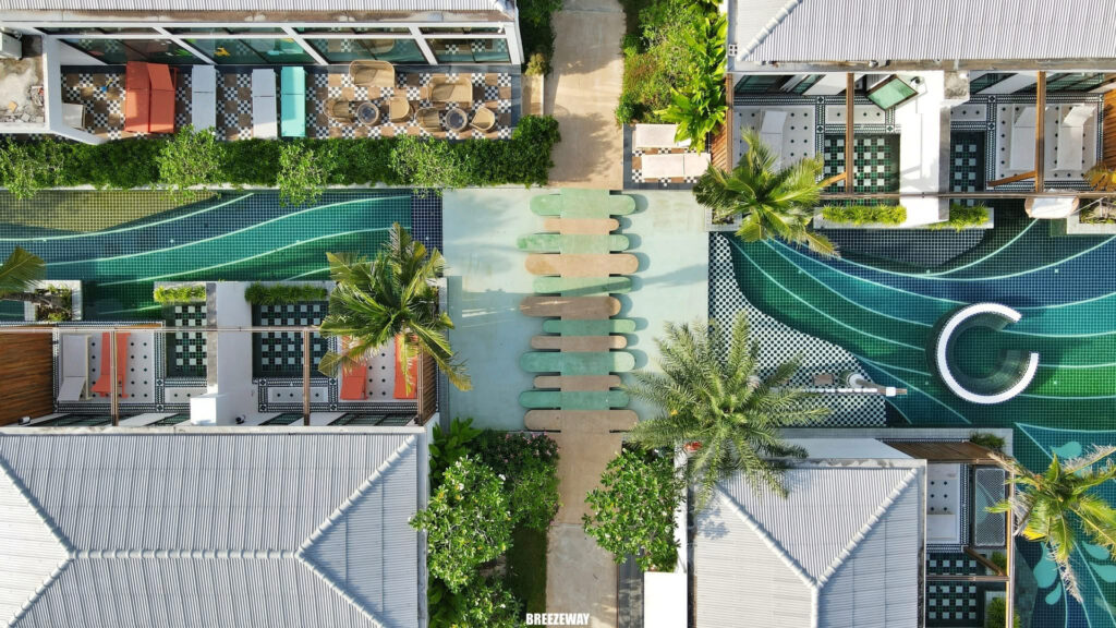Overhead view of Beach Ice and Greenland Ice PebbleCrete stepping platforms between resort villas at Sugar Marina Lagoon, Phuket.