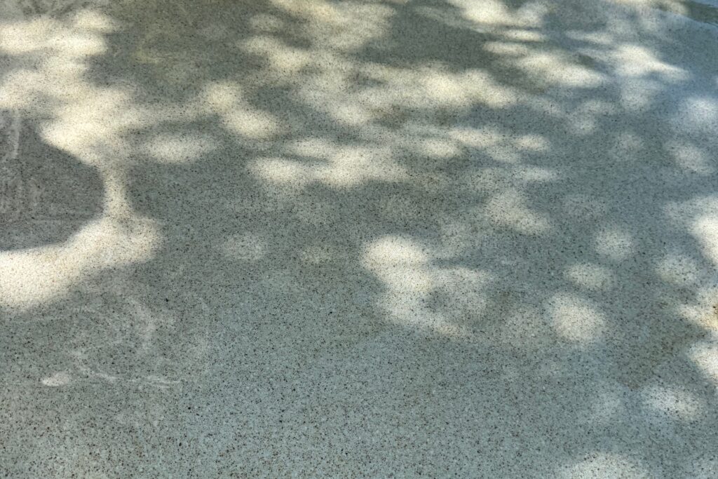 Close-up of aggregate pool finish beneath shallow water and palm shadows at Sugar Marina LAGOON.